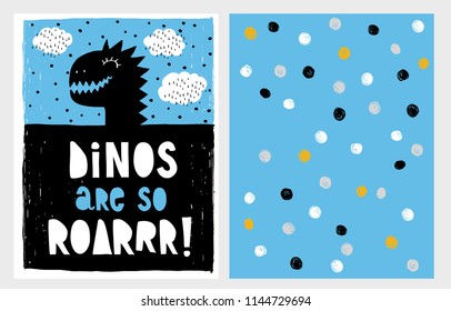 Cute Abstract Black Dinosaur Theme Vector Illustration Set. Black Dino's Head on a Blue Background. White Clouds with Black Dots. Hand Drawn Design. Cute Nursery Art. Irregular  Dots on a Blue Layout