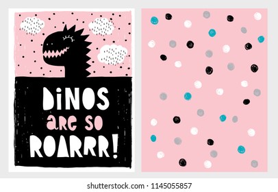 Cute Abstract Black Dinosaur Theme Vector Illustration Set. Black Dino's Head on a Pink Background. White Clouds with Black Dots. Hand Drawn Design. Hand Written Text. Irregular  Dots on a Pink Layout