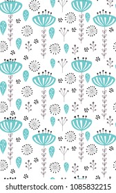 Cute Abstract Blue Garden Vector Pattern.Grey and Blue Twigs, Blue Flowers and Leaves on a White Background.Floral Vector Illustration for Textile, Card, Wrapping Paper.Infantile Style Abstract Garden