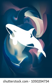 Cute, Abstract Blue Pink White Killer Whale Silhouette Animal Marine Mammal Big Fish Underwater Wildlife. Graphic Design Background Vector Illustration For Poster, Wallpaper, Card and Shirt.