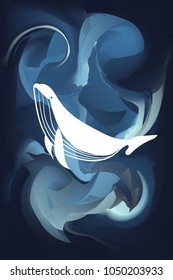 Cute, Abstract Blue White Humpback Whale Silhouette Animal Marine Mammal Big Fish Underwater Wildlife Version 2. Graphic Design Background Vector Illustration For Poster, Wallpaper, Card and Shirt.