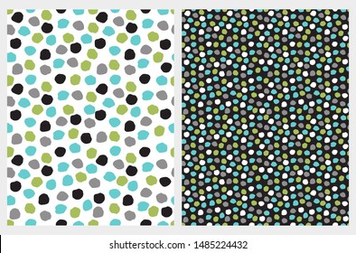 Cute Abstract Brush Irregular Dots Vector Pattern Set. Blue, Green, Gray and Black Brush Dots on a White and Black Background. Geometric Design.Simple Dotted Print for Fabric, Textile, Wrapping Paper.