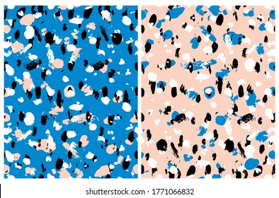 Cute Abstract Brush Spots Vector Patterns. White, Black and Salmon Pink Irregular Freehand Daubs on a Blue Background. Black, White and Blue Splashes on a Light Pink. Abstract Wild Animal Skin Print.