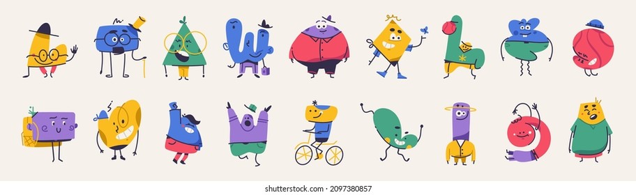 Cute abstract cartoon characters set. Bundle of different types of colorful monsters with simple shapes. Mascots expressing emotions. Vector childrens illustration in flat design isolated collection - Shutterstock ID 2097380857