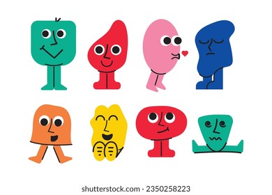 Cute abstract cartoon characters set. Bundle of different types of colorful Mood with simple shapes. Mascots expressing emotions. Vector childrens illustration in flat design isolated collection