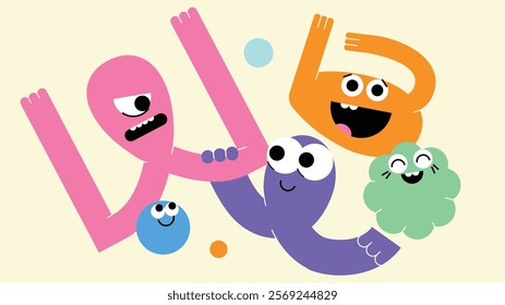 Cute abstract cartoon characters set. Bundle of different types of colourful monsters with simple shapes. Mascots expressing emotions. Vector children illustration in flat design isolated collection