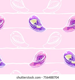 Cute Abstract Cartoon Seamless Pattern with bird chicks seated on the wire. Hand drawn outline background for textile, wallpaper, nursery design, greeting cards, invitations, baby showers. Vector 