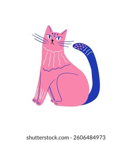 Cute abstract cat. Cartoon colorful kitten character, funny little naive art cat. Vector modern doodle pet icon, childish comic animal face for kids design.