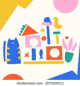 Cute abstract cats, animal food, toys, accessories, cat house. Hand drawn isolated elements for pet shop, pet care concept banner. Playground for cats, cat tower, scratching post for kitten