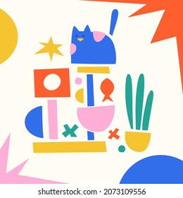 Cute abstract cats, animal food, toys, accessories, cat house. Hand drawn isolated elements for pet shop, pet care concept banner. Playground for cats, cat tower, scratching post for kitten