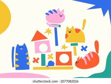 Cute abstract cats, animal food, toys, accessories, cat house. Hand drawn isolated elements for pet shop, pet care concept banner. Playground for cats, cat tower, scratching post for kitten