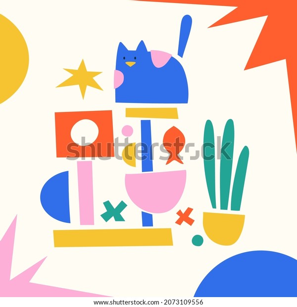 Cute abstract cats, animal food, toys,\
accessories, cat house. Hand drawn isolated elements for pet shop,\
pet care concept banner. Playground for cats, cat tower, scratching\
post for kitten