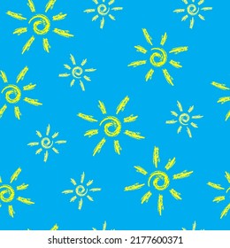 Cute Abstract Chalk Suns Seamless Vector Pattern. Yellow Hand Drawn Irregular Suns Isolated on a Light Blue Background. Funny Infantile Style Sky Print.