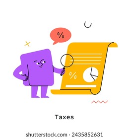 Cute abstract character with magnifying glass controlling financial report color vector illustration. Taxes payment concept. Business fees. Financial audition cartoon composition on white  background