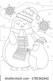 Cute abstract character penguin in hat and gloves as A4 coloring page. Outline vector stock illustration with colorless animal as concept of christmas, winter, holiday, parent with child