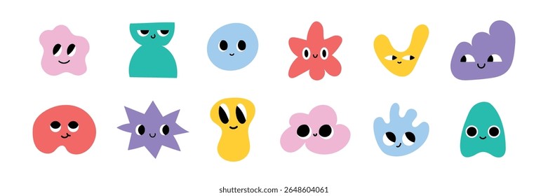 Cute abstract character set with funny faces.  Funny colorful blobs with smiling emotions. Playful emoji collection for kids, design, apps, stickers. Vector illustration isolated on white background.