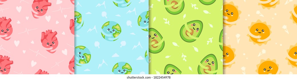 Cute abstract characters seamless pattern. Joyful red heart smiling blue planet earth hugging itself contented green avocado orange anime sun with touching vector face.