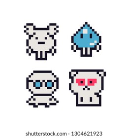 Cute abstract characters set, dog droplet and deer pixel art style icons, element design for logo, app, web, sticker. Video game sprite. Isolated vector illustration. 