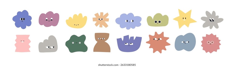 Cute abstract characters set with happy and curious face expressions, smiling emotions. Funny quirky shapes, doodle style figures, emojis. Flat vector illustration isolated on white background