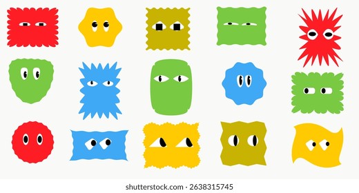 Cute abstract characters set with happy and curious face expressions. Flat vector illustration isolated on white background Funny quirky shapes, doodle style figures, emojis. 