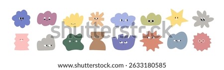 Cute abstract characters set with happy and curious face expressions, smiling emotions. Funny quirky shapes, doodle style figures, emojis. Flat vector illustration isolated on white background