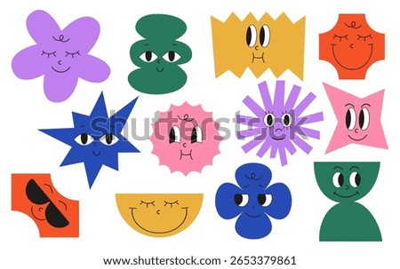 Cute abstract characters set with happy and curious face expressions, smiling emotions. Funny quirky shapes, doodle style figures, emojis. Flat vector illustration isolated on white background