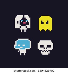 Cute abstract characters set, pixel art style icons. Mystical creatures ghost skull element design for Halloween logo, app, web, sticker. Video game sprite. Isolated vector illustration. 