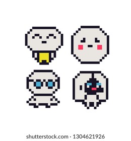 Cute abstract characters set, pixel art style icons, element design for logo, app, web, sticker. Video game sprite. Isolated vector illustration. 