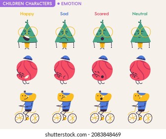 Cute abstract children characters with different emotions isolated set. Bundle of mascots expressing Happy, Sad, Scared and Neutral. Colorful monsters with glasses or bicycle. Vector illustration