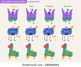 Cute abstract children characters with different emotions isolated set. Bundle of colorful monsters expressing Happy, Sad, Scared and Neutral mood. Mascots with simple shapes. Vector illustration