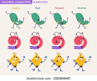 Cute abstract children characters with different emotions isolated set. Bundle of mascots expressing Happy, Sad, Scared and Neutral mood. Colorful monsters with geometric shapes. Vector illustration