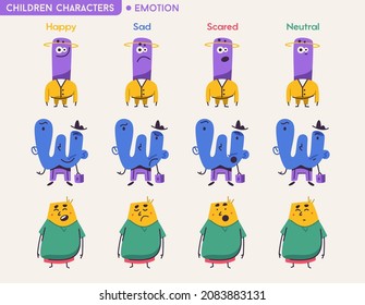 Caracteres infantiles abstractos y concisos con diferentes emociones aisladas. Montón de mascotas que expresan un ánimo feliz, triste, asustado y neutral. Monstruos coloridos con formas simples. Ilustración del vector