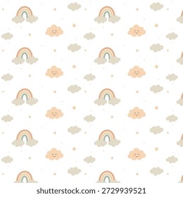 Cute abstract children's pattern with rainbow and clouds. Textiles for children. Wallpaper for a children's room.