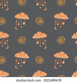 Cute abstract cloud and sun seamless pattern. Watercolor painting vector illustration.