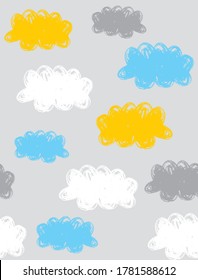 Patrón de vectores sin soldadura del cielo nublado de abstracto. Mientras tanto, las nubes grises, azules y amarillas irregulares se aislaron en un fondo gris. Impresión de las nubes doodle.