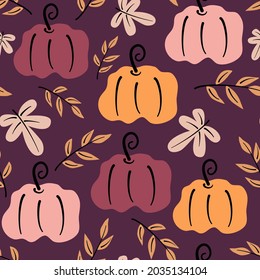 cute abstract colorful fall seamless vector pattern illustration with pumpkins and autumn leaves on purple background