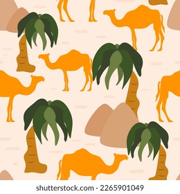 Cute abstract colorful hand drawn seamless vector pattern background with dromedary camel and palm tree and pyramid