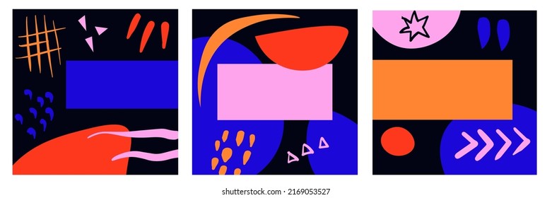 Cute abstract colorful square cards. Trendy vibrant colors vector illustration collection frames with geometrical hand drawn sketch elements for Instagram, greeting card, post, web, blog, advertising