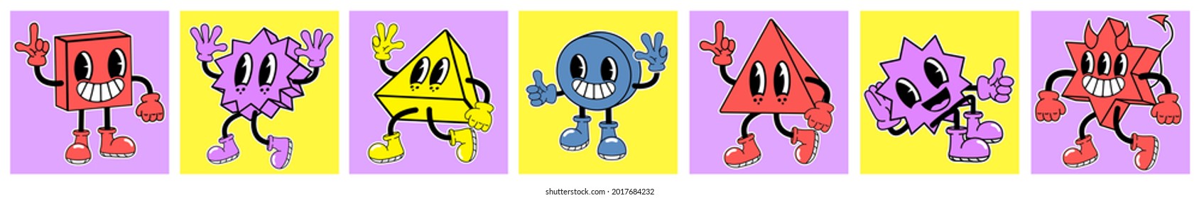 Cute abstract comic characters. Cartoon style, Geometric shapes, Set of multicolored vector illustrations, In square posters, All elements are isolated