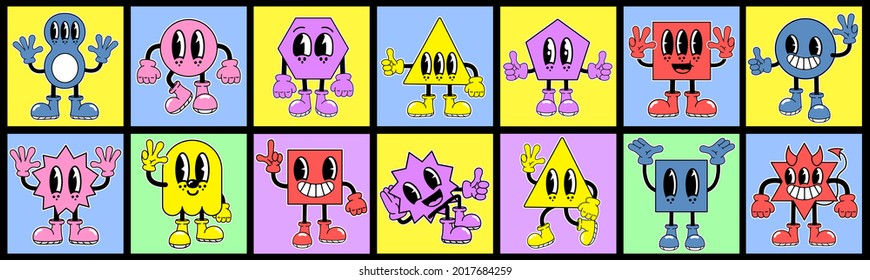 Cute abstract comic characters. Cartoon style, Flat design, Geometric shapes, Set of multicolored vector illustrations, In square posters, All elements isolated