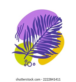Cute abstract composition with organic shapes, lines and silhouette tropical palm leaf. Minimal art design. Calm abstract pattern with elements of nature. Foliage drawing with fluid geometric forms