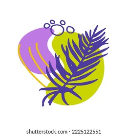 Cute abstract composition with organic shapes, lines and silhouette tropical palm leaf. Minimal art design. Calm abstract pattern with elements of nature. Foliage drawing with fluid geometric forms