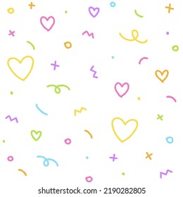 Cute Abstract Confetti Sprinkle Sparkle Shine Shape Form Small Polkadot dot Line Outline Mini Heart Abstract Rainbow Color Colorful Pastel Seamless Pattern White Background