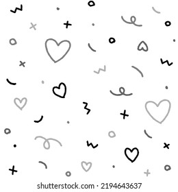 Cute Abstract Confetti Sprinkle Sparkle Shine Shape Form Small Polkadot dot Line Outline Mini Heart Abstract Black White Grey BW Seamless Pattern White Background