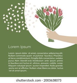 Exquisitas ilustraciones de felicitación abstracta, Manand sostiene un ramo de flores rosadas de tulipanes. Plantilla vectorial con espacio de copia para invitación, tarjetas o banner y afiche, Página de inicio 