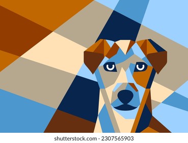 Cute abstract dog face in low poly art deco style. Happy pet made from geometric shapes 