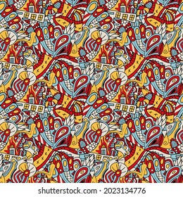 Cute abstract doodle artistic sketch seamless pattern.  Background with crazy messy doodle art with different shapes, curls. Fantasy texture, textile, wrap, fabric.
