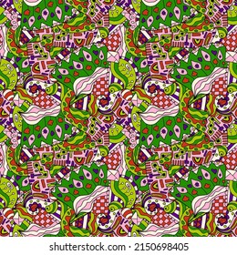 Cute abstract doodle artistic sketch seamless pattern. Background with crazy messy doodle art with different shapes, curls. Fantasy texture, textile, wrap, fabric.