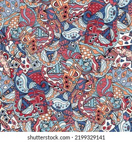 Cute abstract doodle artistic sketch seamless pattern. Background with crazy messy doodle art with different shapes, curls. Fantasy texture, textile, wrap, fabric.