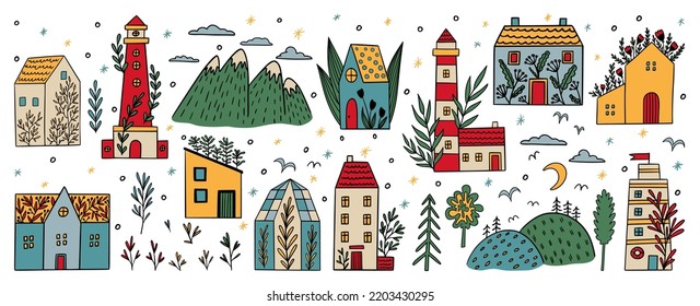 Cute Abstract Doodle Buildings. Town City, Small Tiny Home With Tree, Old Modern Window, Brick And Roof, Village Lighthouse, Hand Drawn Mountains And Forest, Vector Cartoon Flat Icons